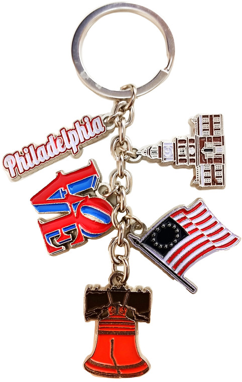 Patriotic Philadelphia Dangle Keyring with Independence Hall, Flag, Liberty Bell, and Love Charm