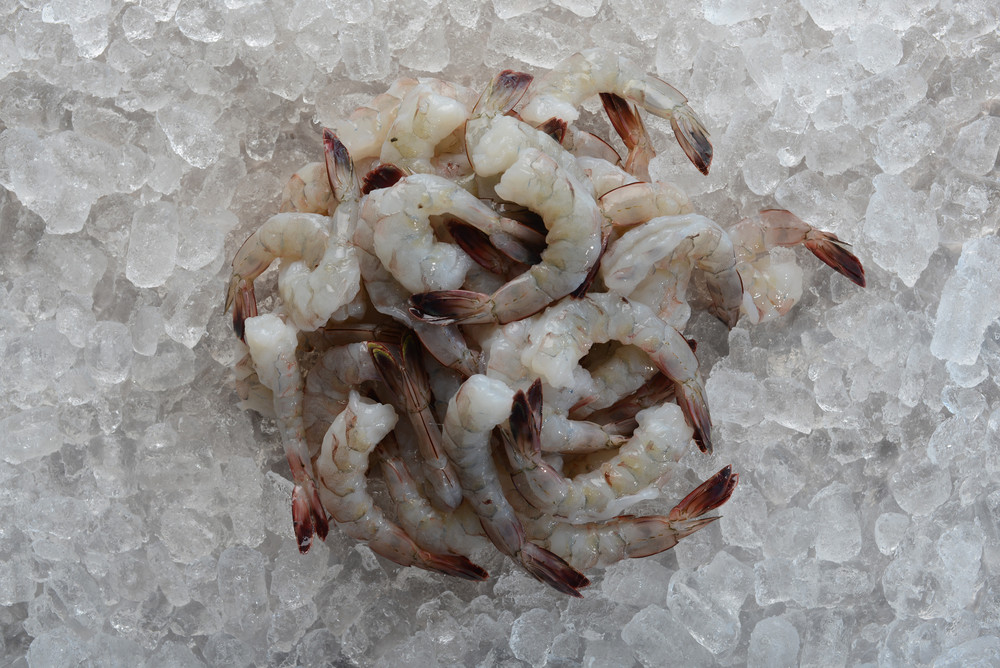 Jumbo tail-on Biloxi shrimp frozen on ice.
