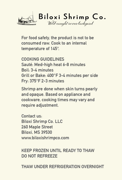 Cooking guidelines for wild-caught Biloxi Gulf shrimp.