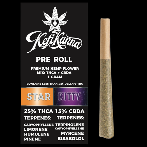 A 1g Star Kitty THCa Pre Roll with 25% THCa and 13% CBDa, with it's terpene profile, from Kefi Kanna Dispensary, and at kefikanna.com