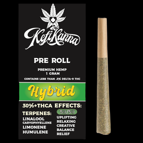 A 1g THCa Hybrid Pre Roll - Kefi Blendz delivers 50/50 balanced sativa and indica effects, for an uplifting, yet relaxing high, as seen at Kefi Kanna Dispensaries, and at kefikanna.com.