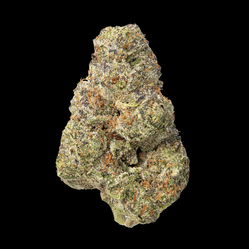A big bud of Blueberry LB Cake THCa Flower, indica-dominant strain, with deeply relaxing effects, as seen at kefikanna.com
