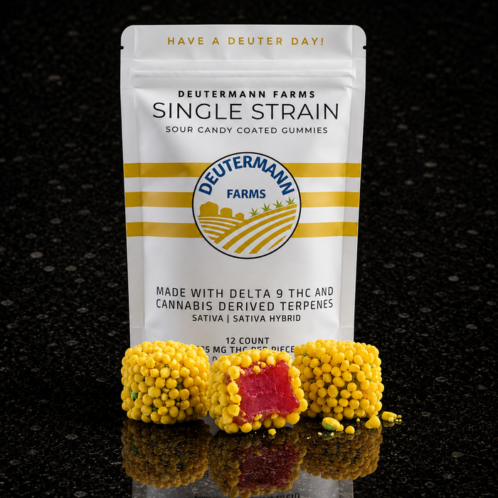 ZING Uplifting Delta-9 THC Sour Candy Clusters by Dutermann Farms featuring approximately 29 mg of Delta-9 THC per cluster with a chewy gummy center, crunchy candy shell, and cannabis-derived terpenes.
