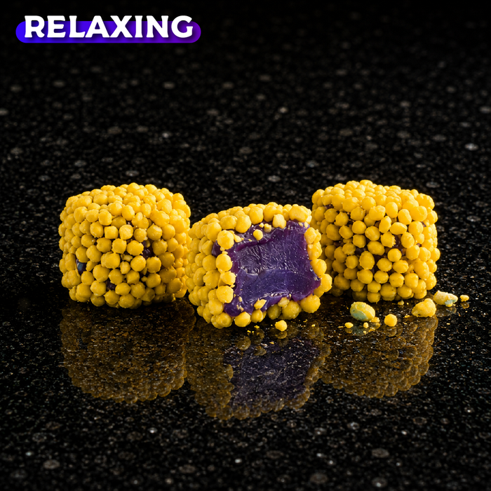 VELVET Relaxing Delta-9 THC Sour Candy Clusters by Dutermann Farms featuring approximately 29 mg of Delta-9 THC per cluster with a chewy gummy center, crunchy candy shell, and cannabis-derived terpenes.