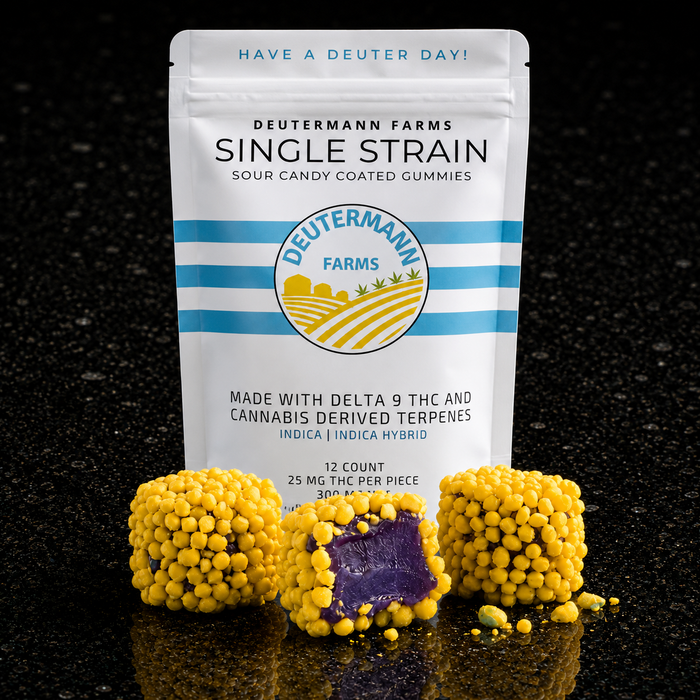 VELVET Relaxing Delta-9 THC Sour Candy Clusters by Dutermann Farms featuring approximately 29 mg of Delta-9 THC per cluster with a chewy gummy center, crunchy candy shell, and cannabis-derived terpenes.