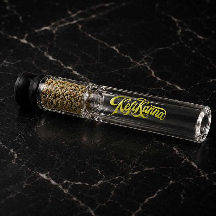Kefi Kanna Premium THCa Glass Chillum pre-filled with 0.5 grams of premium indoor-grown whole flower in a reusable glass one-hitter, offering smooth draws, authentic strain-specific flavor, and ready-to-enjoy convenience.