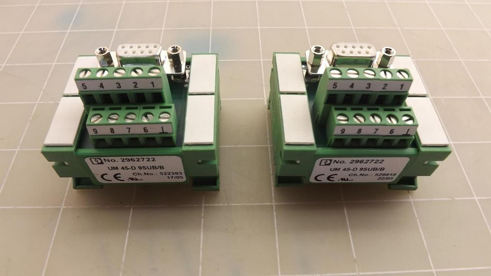 LOT OF 2 PHOENIX CONTACT UM45-D-9SUB/B 2962722 INTERFACE MODULE T27775