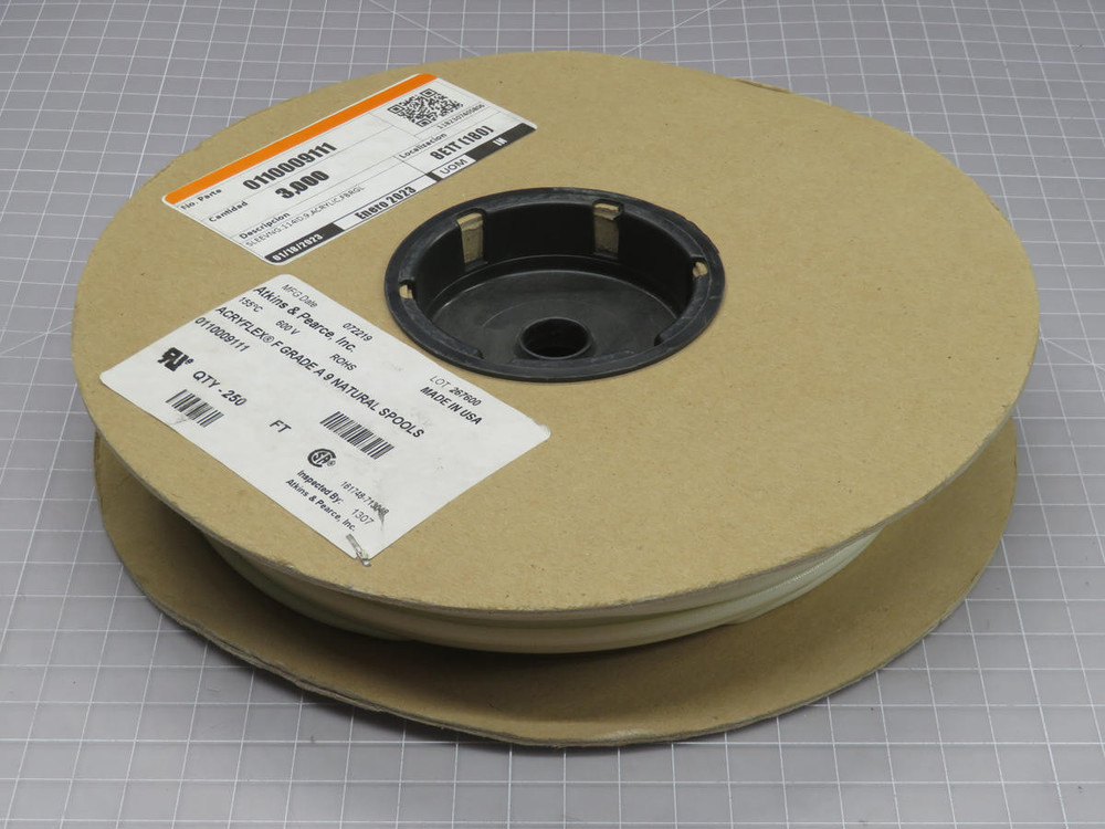 LOT OF 250 FT ATKINS AND PEARCE 0110009111 ACRYFLEX® F GRADE A ACRYLIC COATED SLEEVING T207893