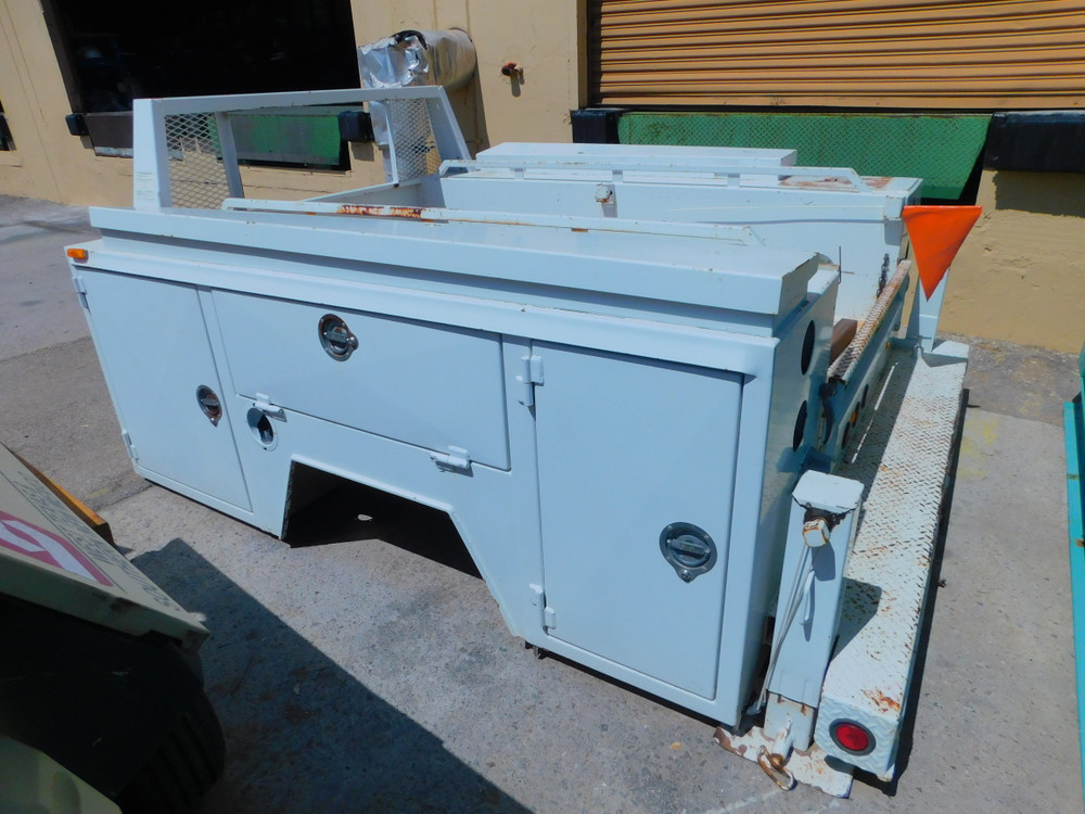 USED STEEL FLATBED MECHANICS SERVICE BODY, UTILITY TRUCK BODY. FOR SALE