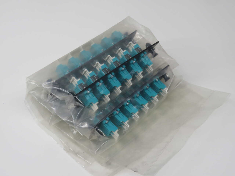 NOB LOT OF 5 COMMSCOPE RMG-12ADPQ2 FIBER ADAPTER PANEL, 6 DUPLEX LC (12-FIBER), AQUA MULTIMODE, BLACK PLATE FOR SALE