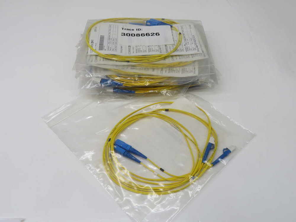 NIB LOT OF 13 COMMSCOPE FPCTY-SPSC/PLC-P-2.4M FIBER OPTIC PATCH CORD, DUPLEX, SC/UPC TO LC/UPC, SINGLEMODE, PLENUM, 2.4 M FOR SALE