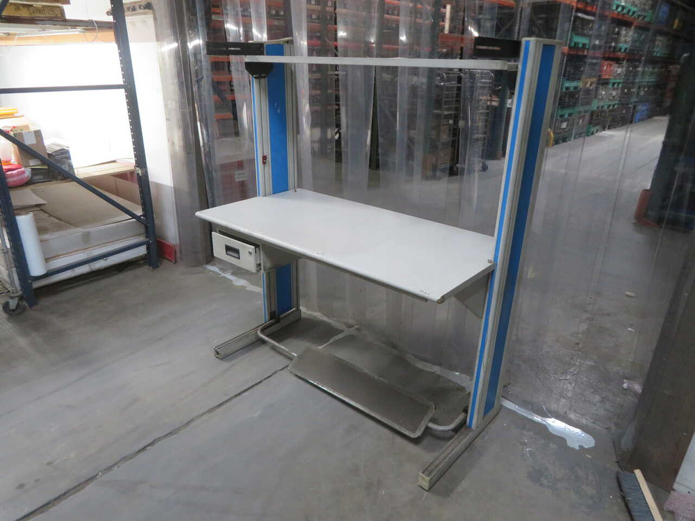 USED INDUSTRIAL WORKBENCH WITH OVERHEAD SHELF, SIDE DRAWER AND FOOT REST, BLUE/GRAY ALUMINUM FRAME FOR SALE