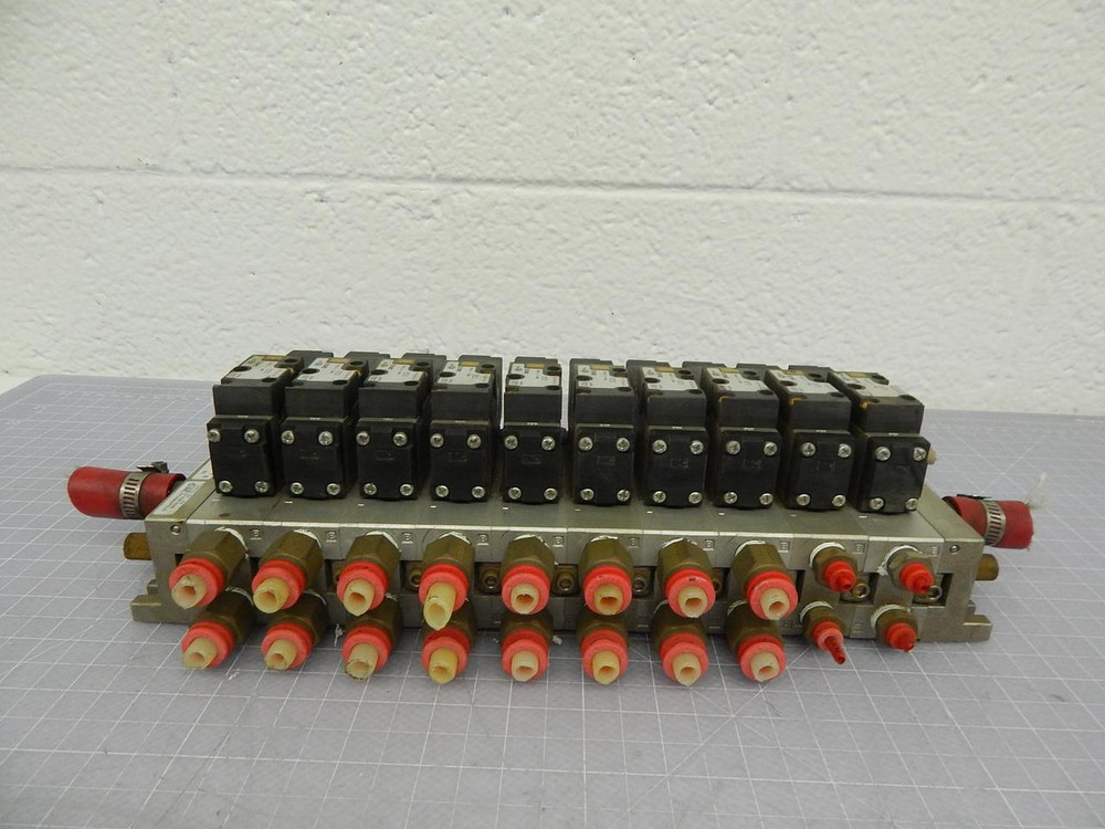 Lot of 10 SMC NVV5F82-01T1-10 1-02T, VFS2100-5FZ Solenoid Valves w/ Manifold T102309 For Sale