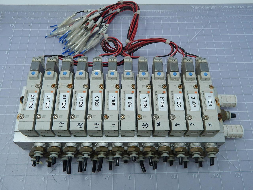 Lot of 12 SMC Solenoid Valves w/ Manifold T105888 For Sale