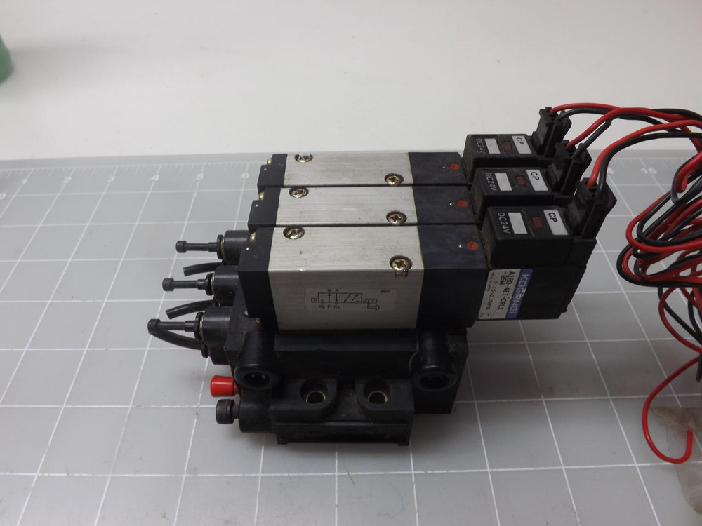 LOT OF 3 KOGANEI A180-4E1-CPLL-26W SOLENOID VALVES W/ MANIFOLD T48764