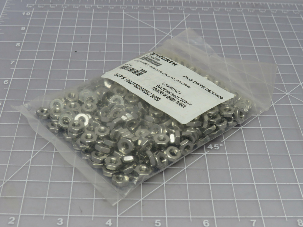 Lot of 300 Wurth NUT-HEX-MS-316-(PL)-10_32-DRW  Stainless Stell Nuts For Sale