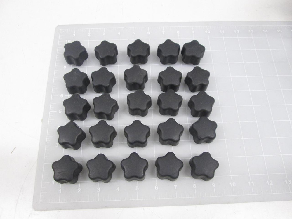 LOT OF 25 TIGHTENER KNOB RUBBER BLACK 2 1/4" X 1" THICKNESS THREAD IS 1/4-20 X 5/8 BRASS T60313