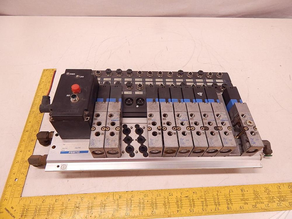 LOT OF 9 FESTO IIFG-02B-1/8-12-BU MVH-5-1/8 IFB8-02 SOLENOID VALVES W/ MANIFOLD T82594