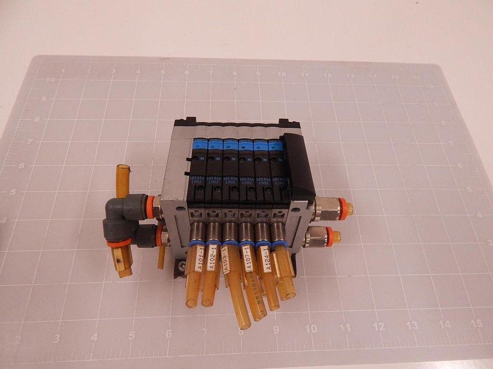 LOT OF 6 FESTO CPV10-GE-MP-6 161414 L502 15054 ELECTRICAL INTERFACE SOLENOID VALVES W/ MANIFOLD T84714