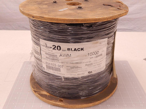 10000 FT OF INDUSTRIAL ELECTRIC IEWC-NB WIRE 20 10/30 TC 1IN AWM 1569 OR 1007 TR-64 OR AWM I A/B OD 0.070IN BLK