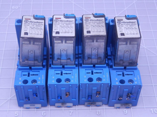 Lot of 4 Finder 55.34.9.024.0040    Relays 24 VDC 7 A 250 V w/ 94.04 Bases 10 A 300 V For Sale