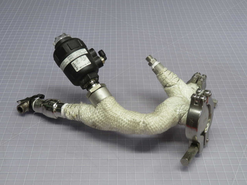 USED BURKERT INSULATED ASSEMBLY PNEUMATIC ANGLE SEAT VALVE, DN15, PTFE SEAL, STAINLESS, 15 BAR, IN HEAT-INSULATED TUBE ASSEMBLY WITH TRI-CLAMP FITTINGS FOR SALE