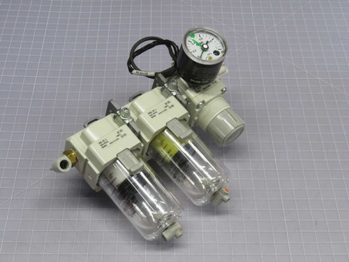 USED SMC AC30C-F02-A MODULAR AIR PREP UNIT: FILTER, MIST SEPARATOR AND REGULATOR WITH SWITCH GAUGE, 1/4 IN FOR SALE