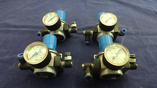 LOT OF 4 FESTO LF-D-I-MINI PRESSURE REGULATORS W/GAUGES 230PSI T21927