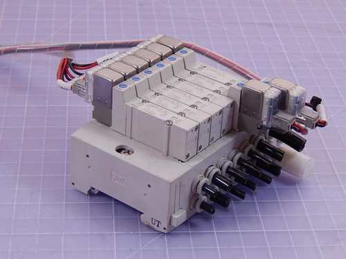 Lot of 6 SMC SY3140-5LZD, SY3240-5LZD, SY3440-5LZD Solenoid Valves w/ Manifold T96643 For Sale