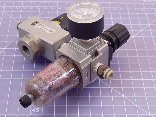 SMC AW20-02BG with VHS400-02 Pneumatic Filter Regulator w/ 3 Port Pressure Relief Valve T99432 For Sale