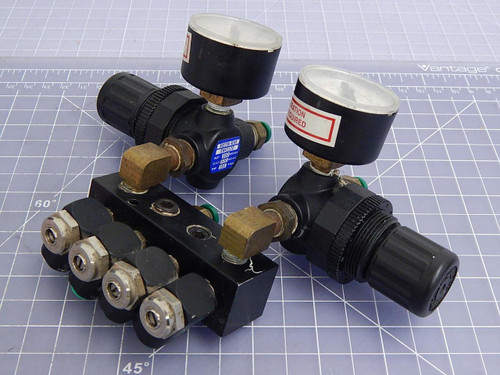 Lot of 2 Boston Gear, Pneumadyne EN42120, TB10-125-4 Regulators w/ Manifold T100708 For Sale