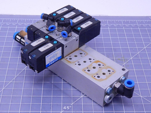 LOT OF 4 FESTO MYH-3-M5-L-LED PRS-M5-8 SOLENOID VALVES W/ MANIFOLD T107235