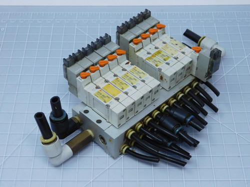 Lot of 9 SMC SY3140-5MOZE Solenoid Valves with Manifold T125670 For Sale