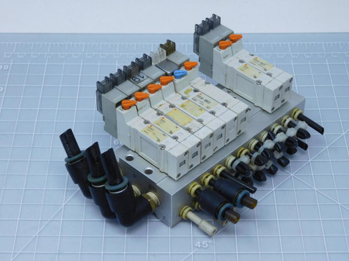 Lot of 8 SMC SY3140-5MOZE Solenoid Valves with Manifold T125672 For Sale