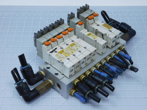 Lot of 8 SMC SY3140-5MOZE Solenoid Valves with Manifold T125673 For Sale
