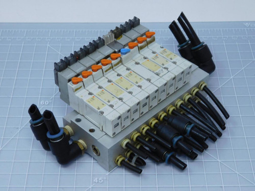 Lot of 9 SMC SY3140-5MOZE Solenoid Valves with Manifold T125675 For Sale