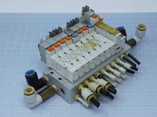 Lot of 9 SMC SY3140-5MOZE Solenoid Valves with Manifold T125686 For Sale