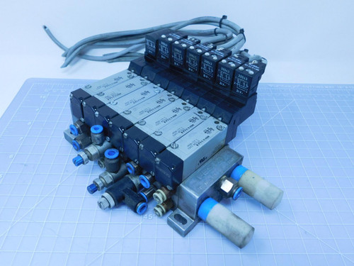 Lot of 7 Festo MEH-5/2-5,0-B    Solenoid Valves w/ Manifold EP-ME-1/8 For Sale