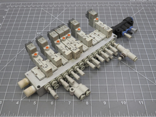 Lot of 7 SMC SYJ314-5LOZ-Q  3-Port Pneumatic Solenoid Valves w/ Manifold For Sale
