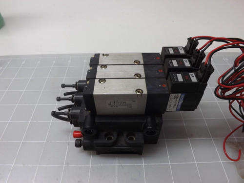 LOT OF 3 KOGANEI A180-4E1-CPLL-26W SOLENOID VALVES W/ MANIFOLD T48764