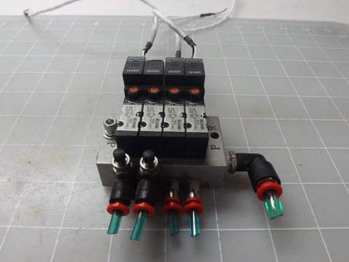 LOT OF 4 SMC NVJ314M SOLENOID VALVES W/ MANIFOLD T50412