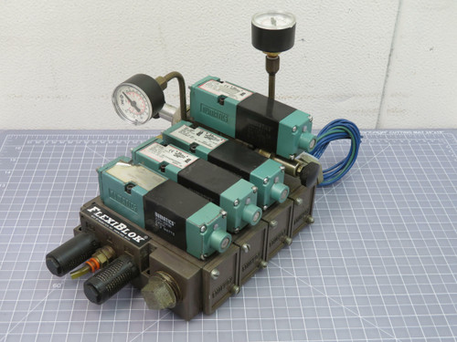 Lot of 4 Numatics 225-285B  Solenoid Valves w Flexblok Manifold Block  For Sale