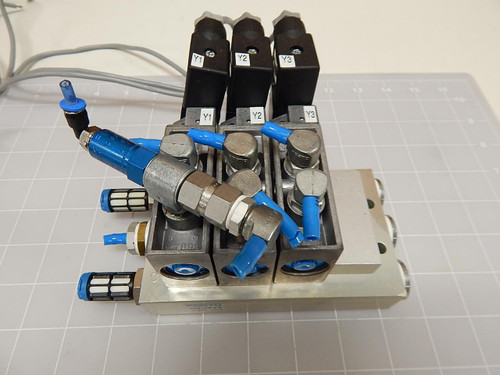LOT OF 3 FESTO 9982 MFH-5-1/8 PRS-1/8-4B SOLENOID VALVES W/ MANIFOLD T66583