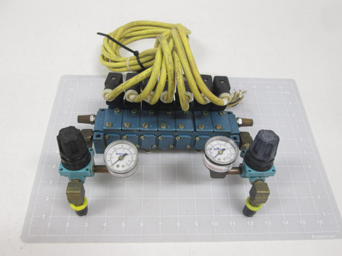 LOT OF 7 MAC 613B-11-111JB SOLENOID VALVES W/ MANIFOLD T66882