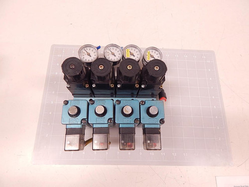 LOT OF 4 MAC 252B-504JC SOLENOID VALVES W/ MANIFOLD AND GAUGES T72845