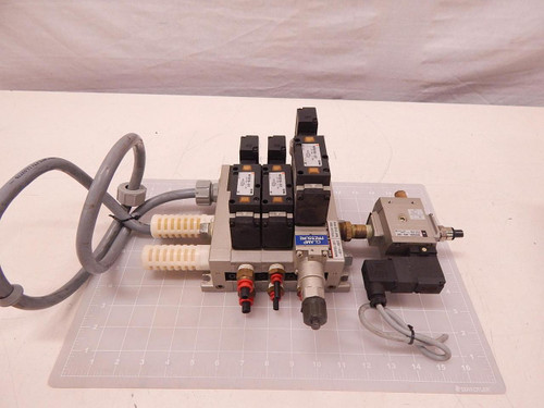 LOT OF 3 SMC NVFS3100-5FZ NVV5FS3-01T NAV3000-N03-5DZ SOLENOID VALVES W/ MANIFOLD SOFT START-UP VALVE T83181