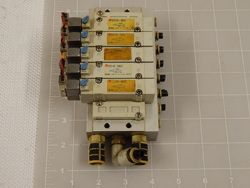 LOT OF 5 SMC SY5140-5MZE SOLENOID VALVES W/ MANIFOLD T85696