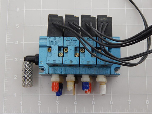 LOT OF 4 MAC 45A-LAC-DARA-1BA SOLENOID VALVES W/ MANIFOLD T88206