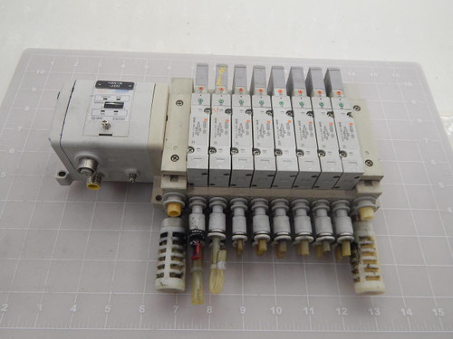 Lot of 8 SMC SS5V2-Q1K012, EX250, SV220-5FU Solenoid Valves w/ SI Unit T91184 For Sale