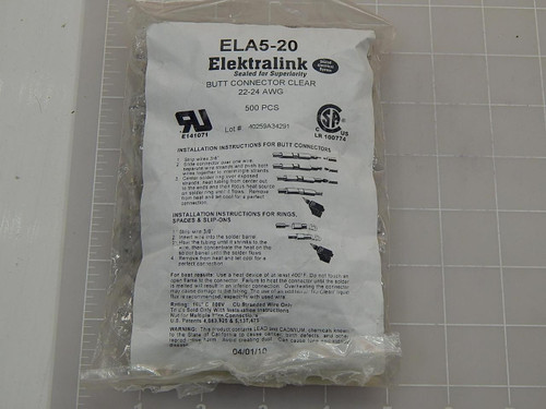 LOT OF 1000 ELEKTRALINK ELA5-20 BUTT CONNECTOR CLEAR T87418